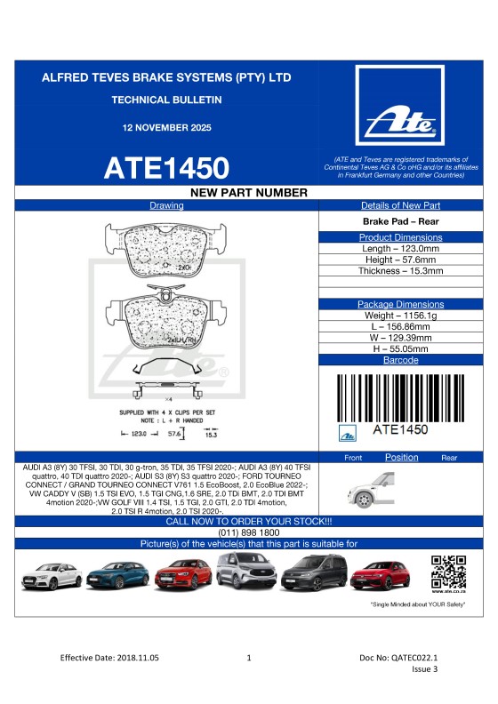 ATE1450 NEW! Brake Pad for AUDI A3; VW CADDY V; VW GOLF VIII 2020- featured image